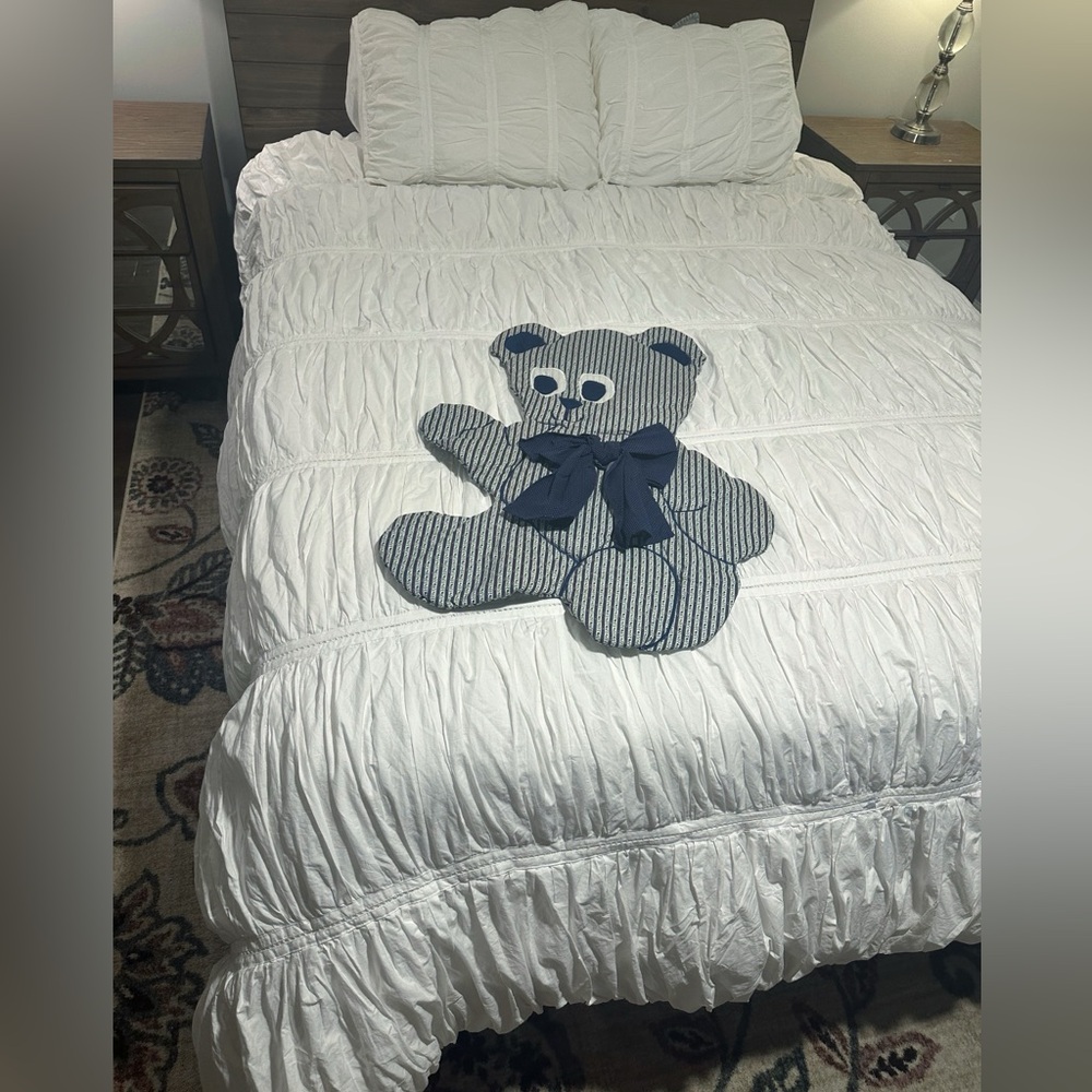 VTG 80’s Striped Blue Teddy Bear Quilt Art Hanging Or Bed Decoration Baby